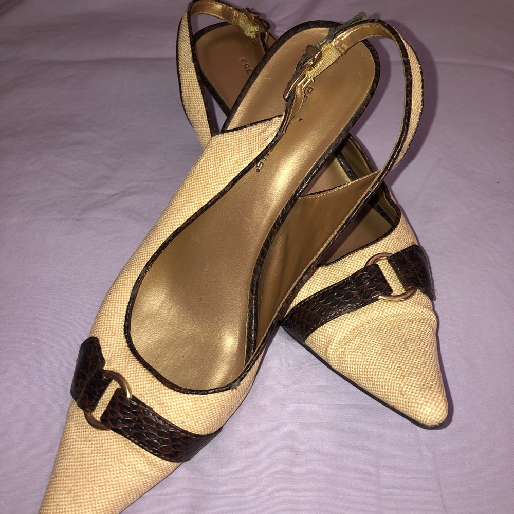 Faux snake skin sling back kitten heels with buckle. Size 8.5, runs small